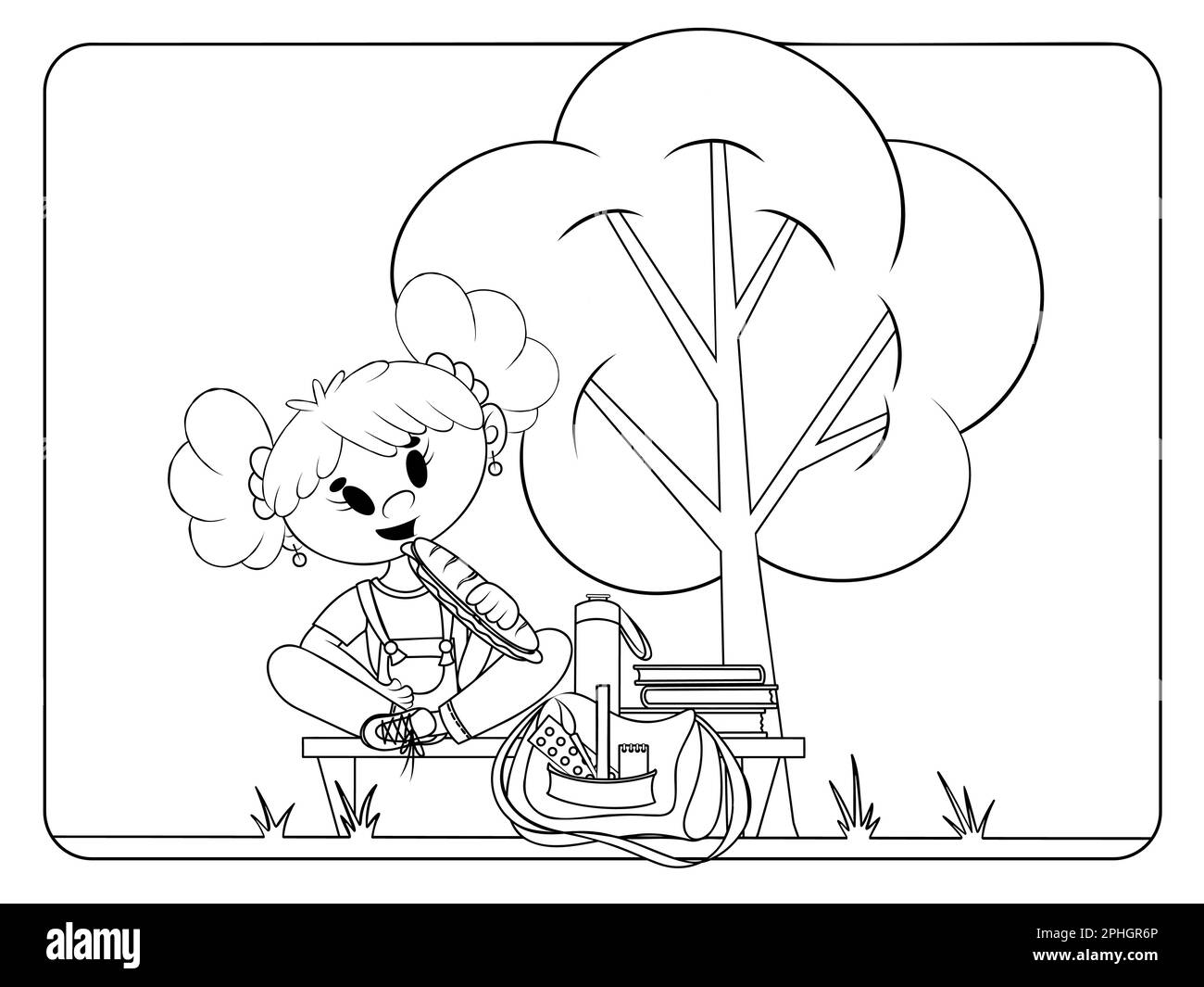 Lunch time at school coloring page. Girl eating at school yard. Antistress for adults and kids. Stock Vector
