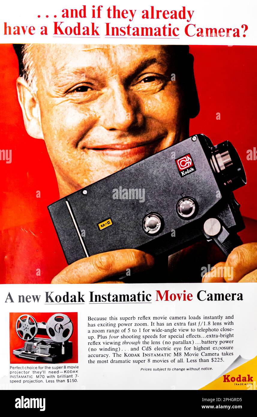 Kodak Instamatic M6 8mm movie camera and projector advert in a Natgeo magazine, December 1966 Stock Photo