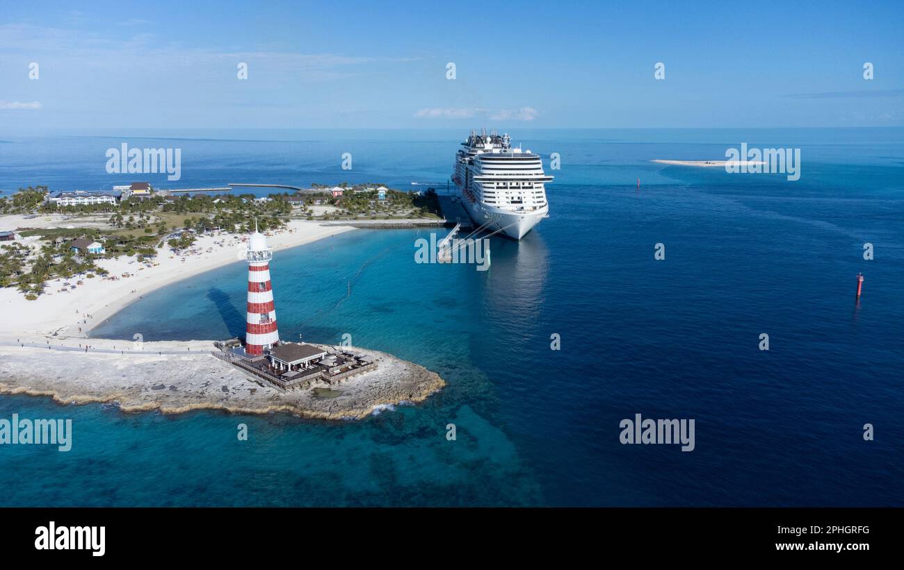 OCEAN CAY, BAHAMAS- JANUARY 9, 2023: An aerial view of the MSC Meraviglia docked at Ocean Cay, the private island owned by the MSC cruise line, with l Stock Photo