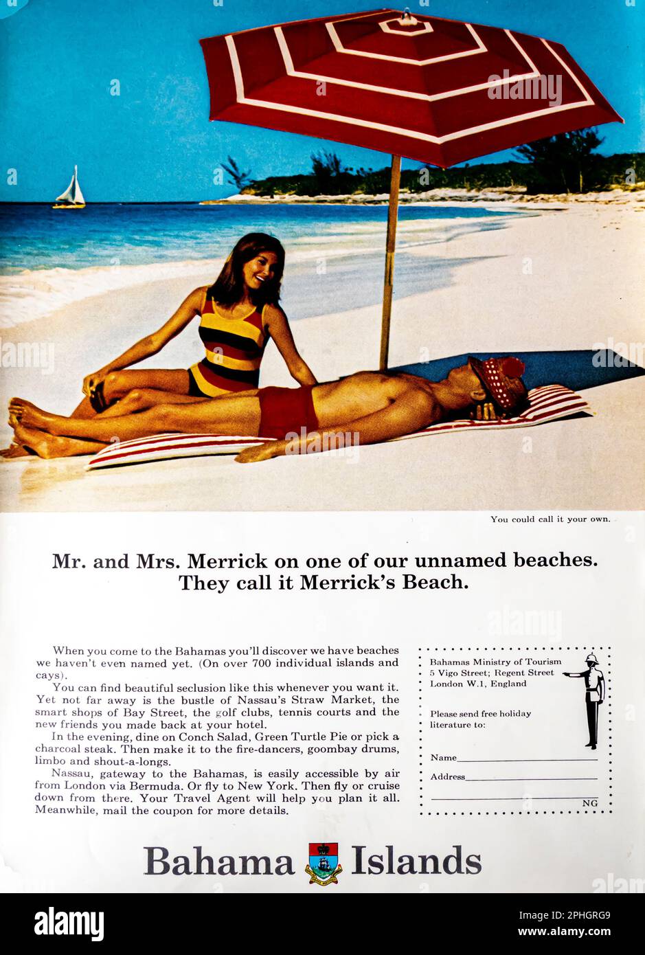 Bahama Islands Merrick's Beach advert in a Natgeo magazine, December 1966 Stock Photo