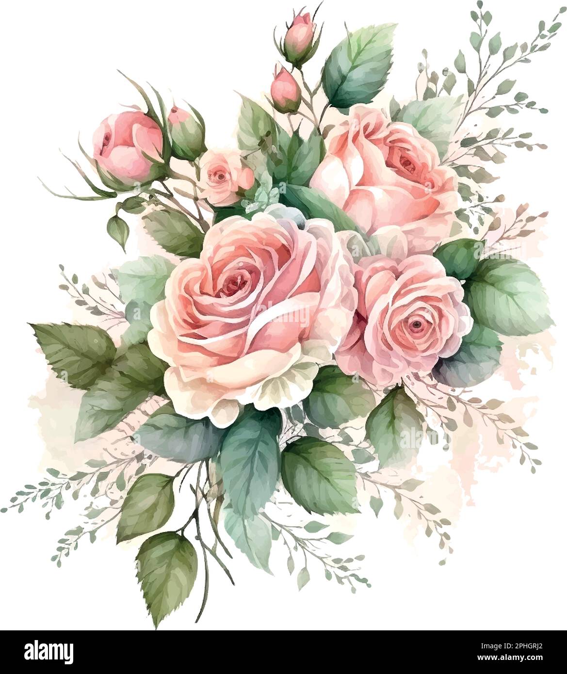 Dusty pink and cream rose, peony, hydrangea flower, tropical leaves vector garland wedding bouquet. Floral pastel watercolor style.Spring bouquet.Elem Stock Vector
