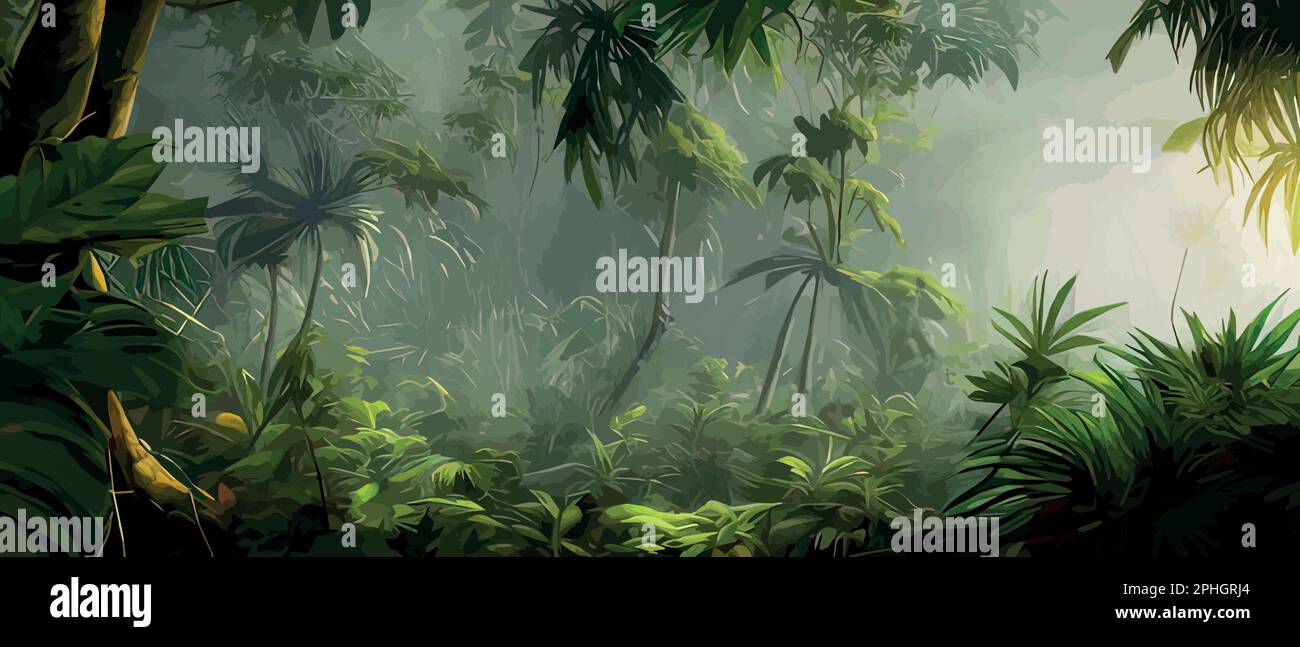 Abstract foliage and botanical background. Green tropical forest wallpaper made of trees and
