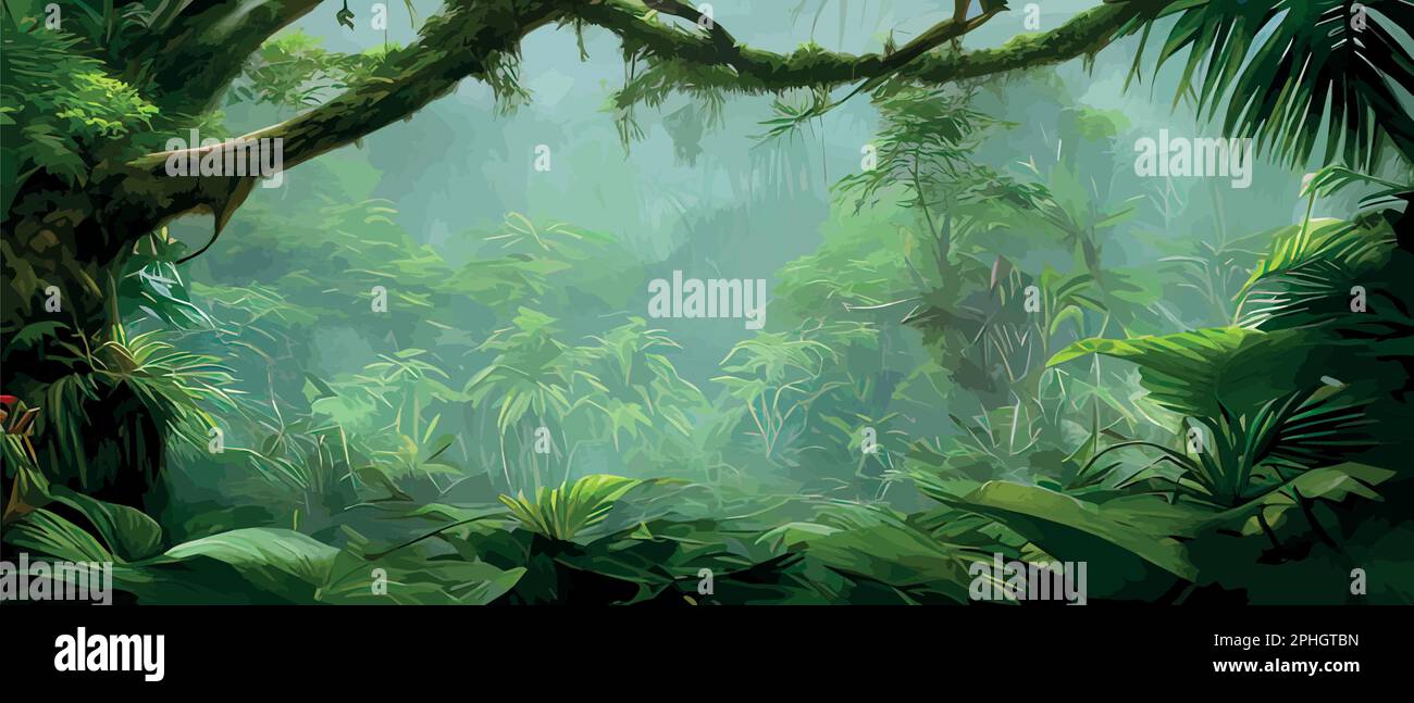 Banner Beautiful rainforest jungle landscape with lush foliage in green