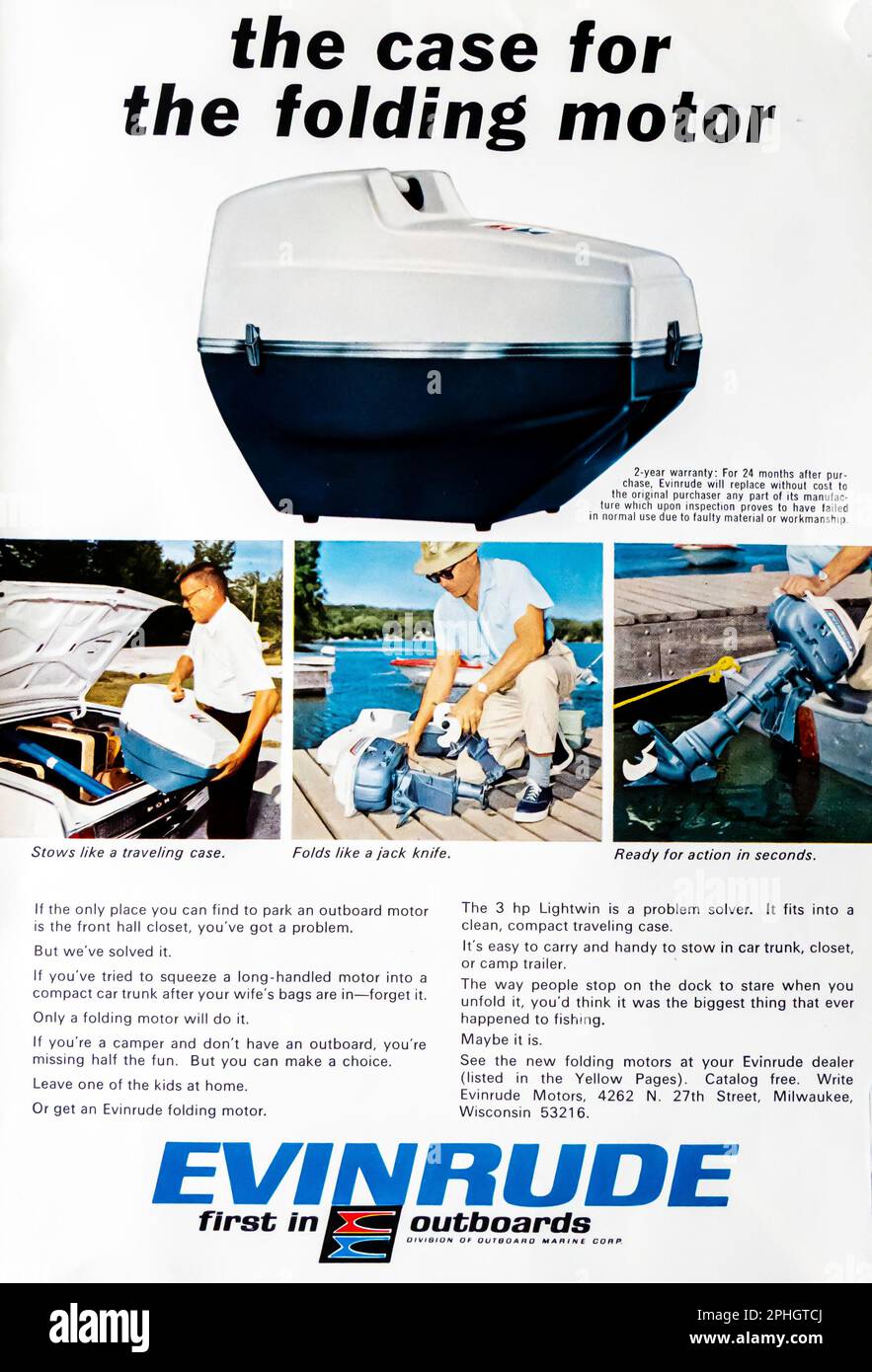 Evinrude outboard motors advert in a Natgeo magazine, April 1966 Stock
