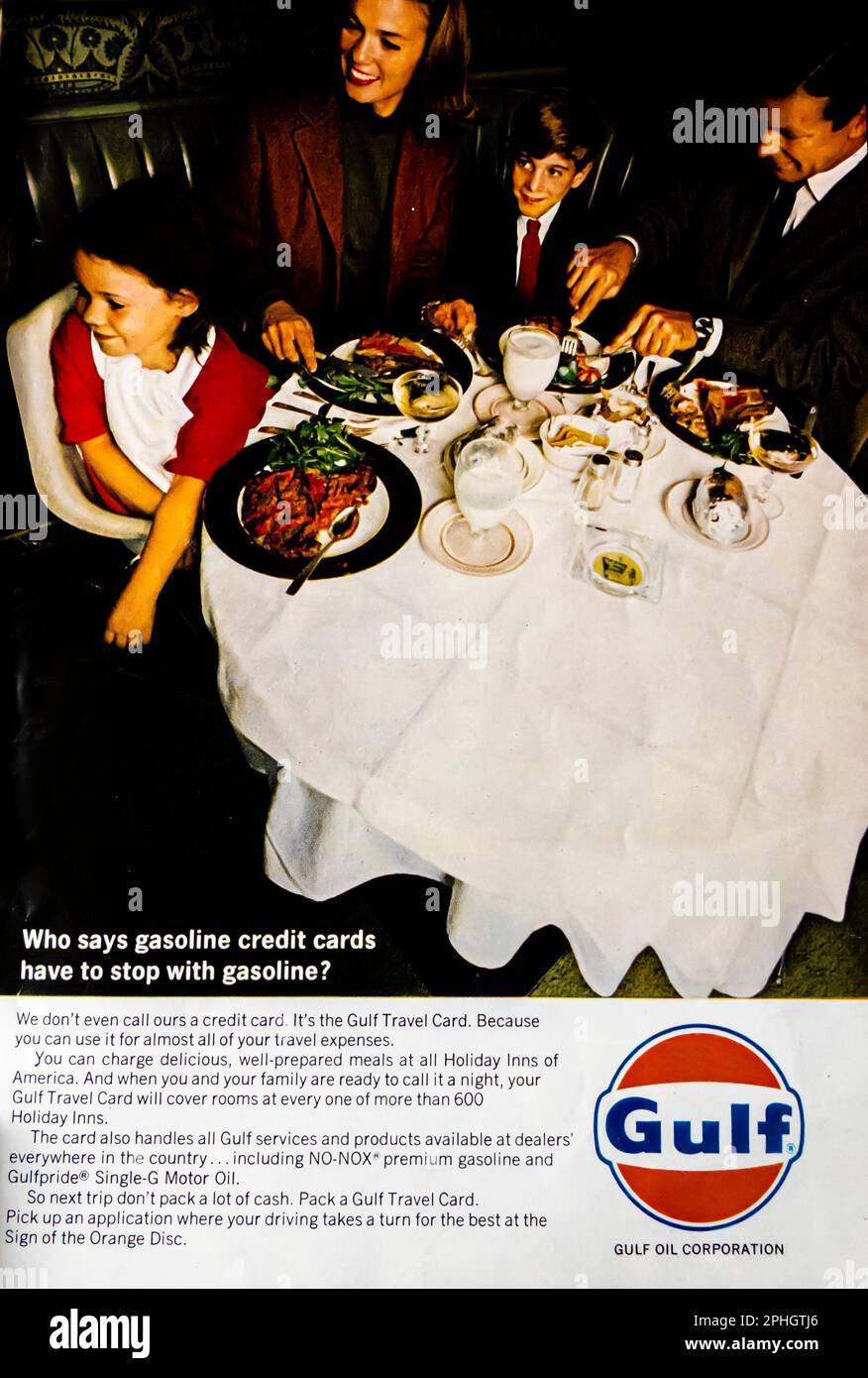 Gulf gas credit card advert in a Natgeo magazine June 1966 Stock Photo