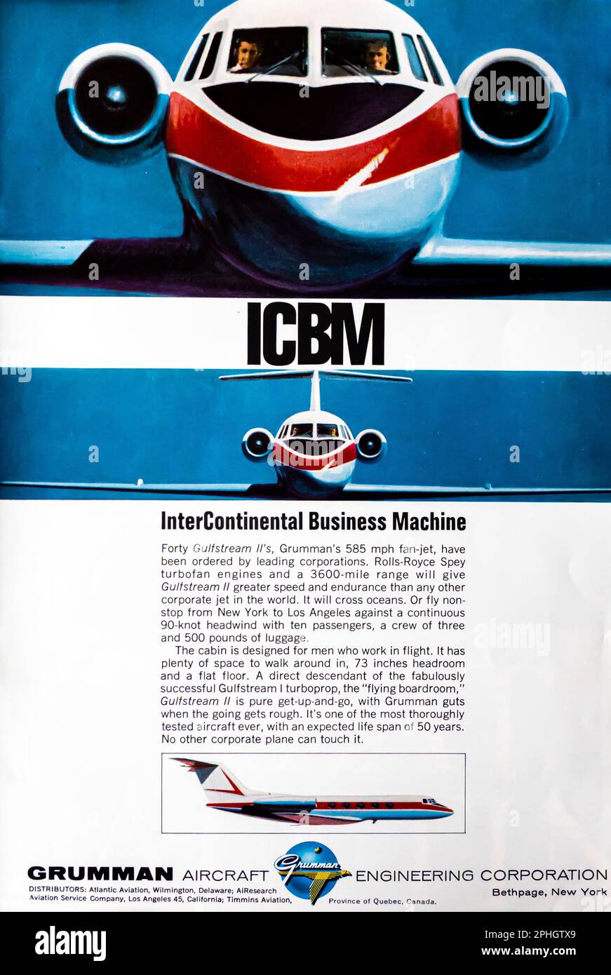 Grumman Aircraft Corporation ICBM - Intercontinental Business Machine - Gulfstream II advert in a Natgeo magazine September 1966 Stock Photo