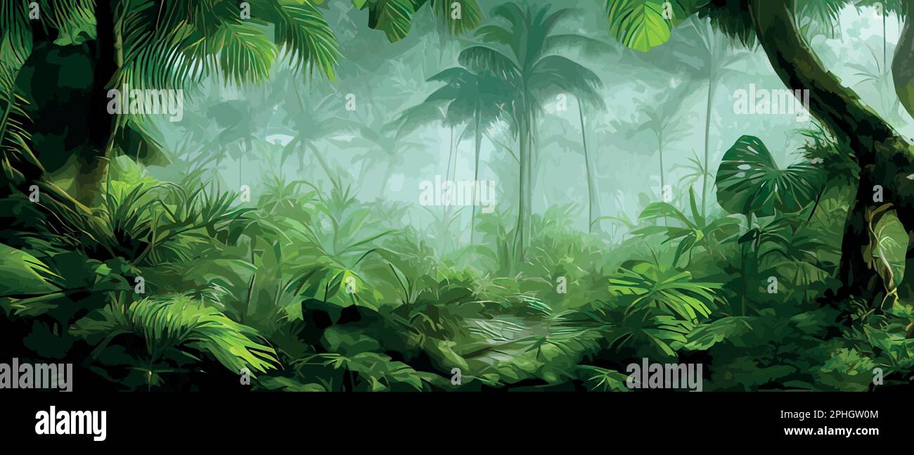 Abstract foliage and botanical background. Green tropical forest wallpaper made of trees and