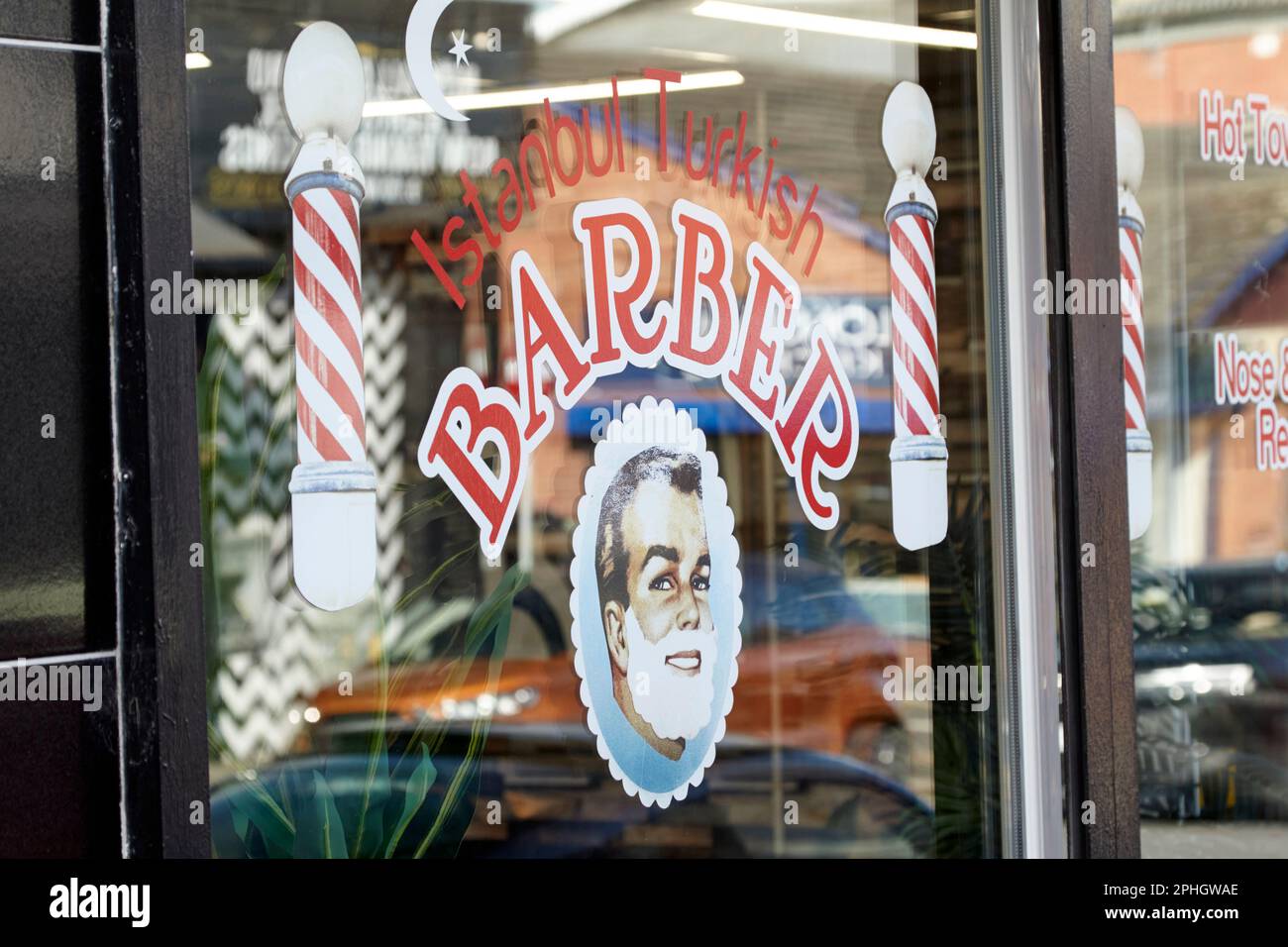 istanbul turkish barber shop window strandtown, east belfast, northern ireland, uk Stock Photo