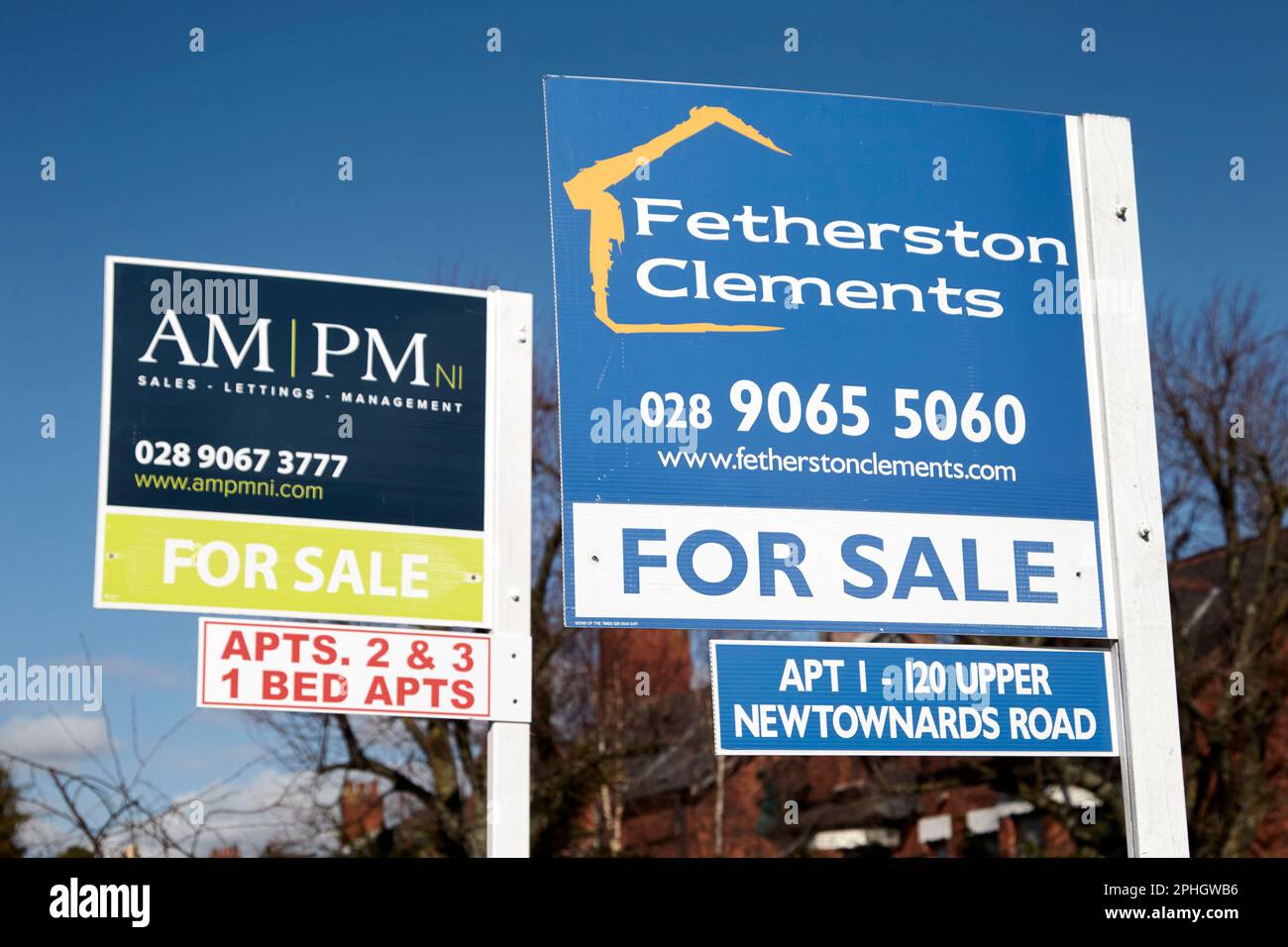 estate agency signs for sale selling apartments in strandtown, east belfast, northern ireland, uk Stock Photo