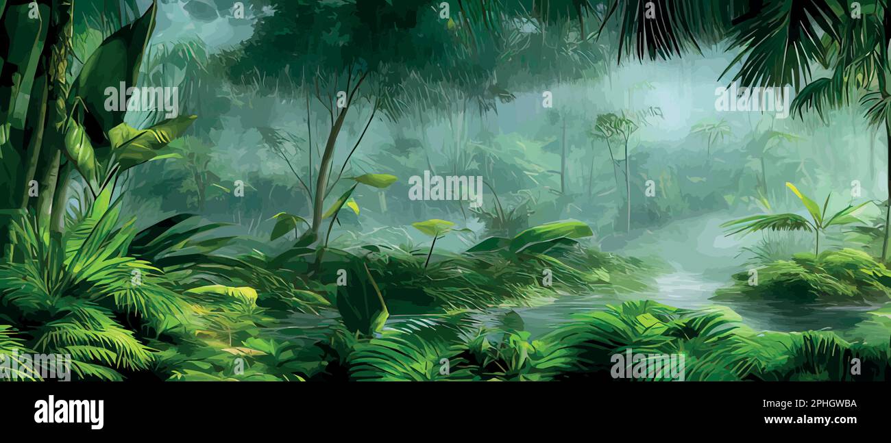 Abstract foliage and botanical background. Green tropical forest wallpaper made of trees and