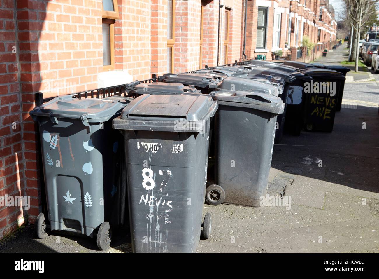large number of grey waste rubbish bins left at the top of a street too