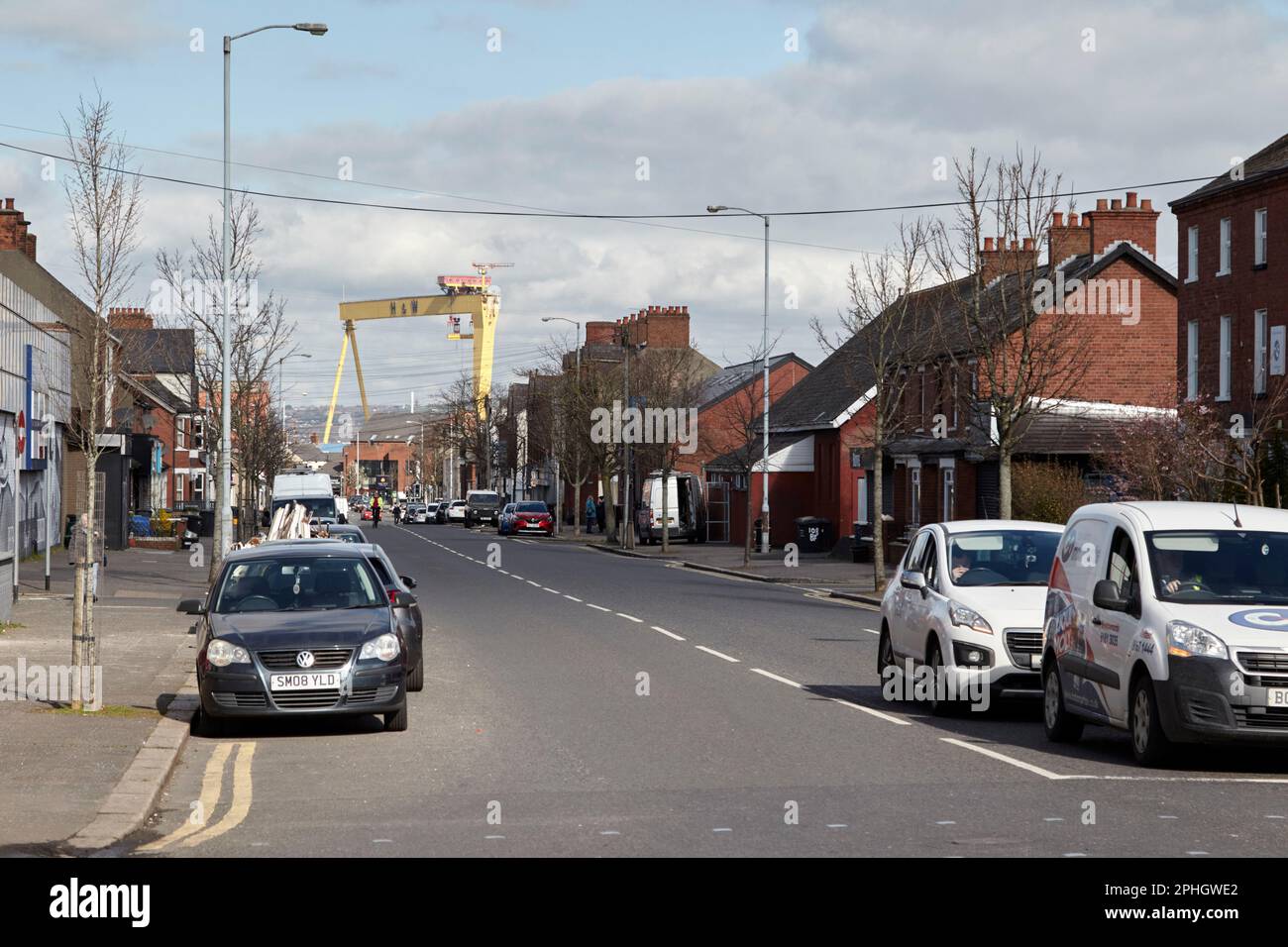 looking along bloomfield avenue towards harland and wolff cranes and