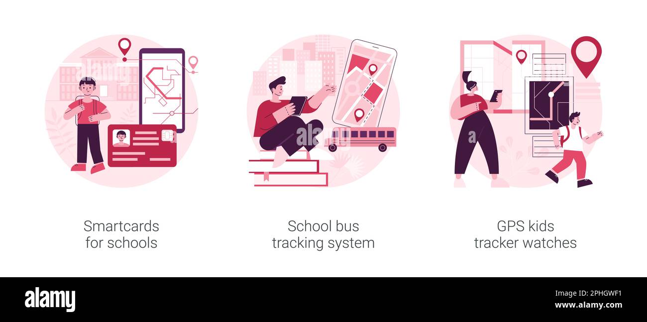 Technology for kids abstract concept vector illustration set. Smartcards for schools, school bus tracking system, GPS location kids tracker watches, student profile, child security abstract metaphor. Stock Vector