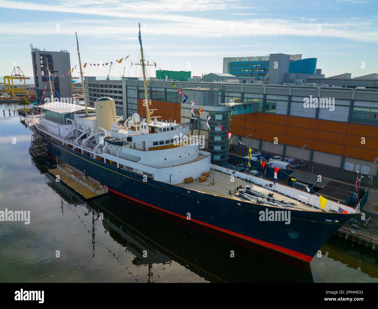 Royal Yacht Britannia is the former royal yacht of the British Monarchy, she docked permanently Ocean Terminal, Leith in Edinburgh, Scotland, UK. Stock Photo