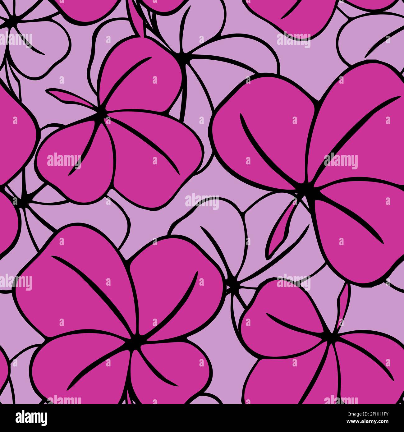 seamless asymmetrical pattern of clover leaves in purple tones and