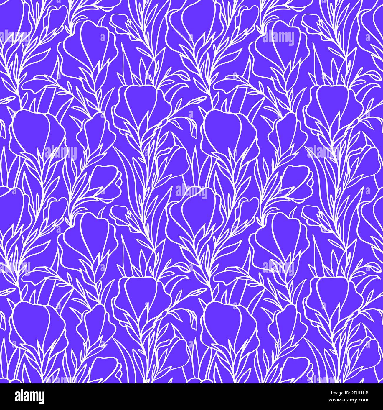 graphic pattern of large contours of white flowers on a blue background ...