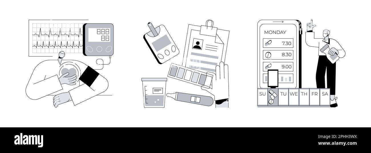 Health check up abstract concept vector illustration set. Blood