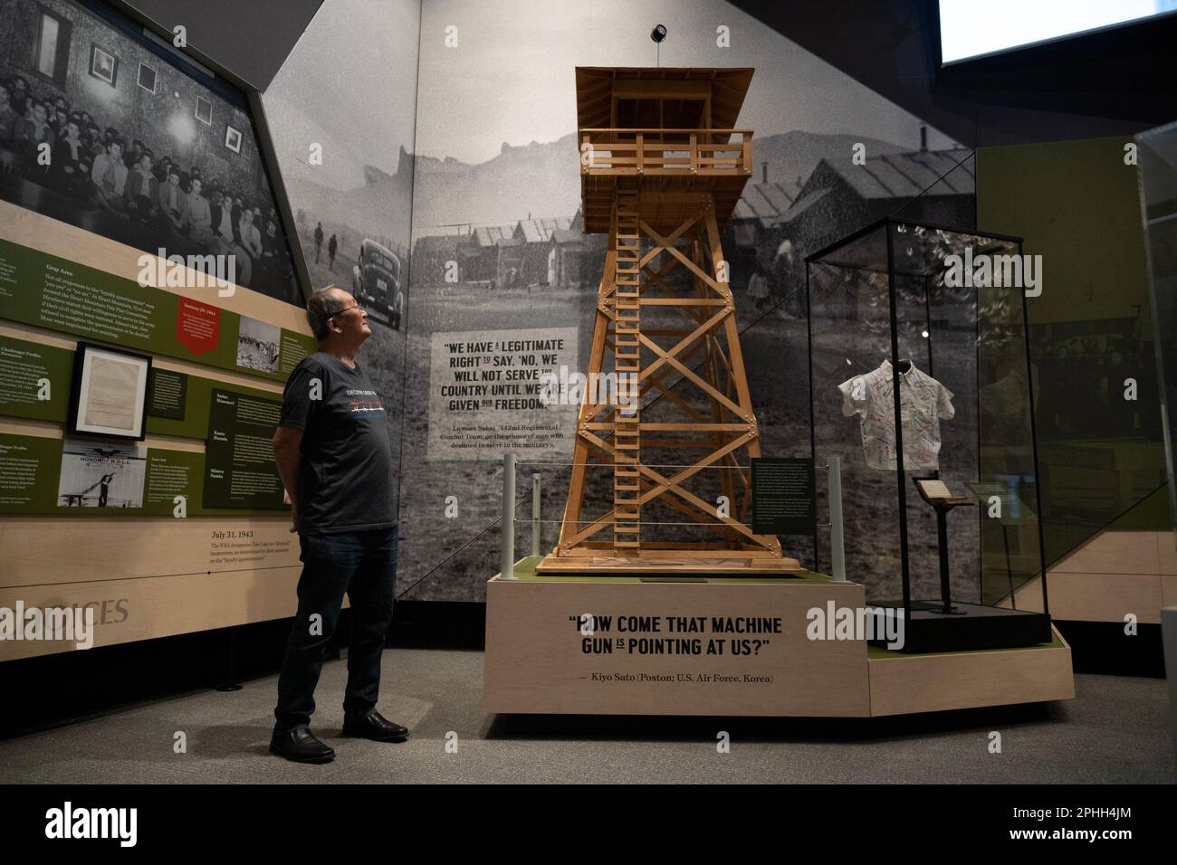 Sacramento, CA, USA. 2nd Mar, 2023. Stan Umeda built a 1/5 size replica of a guard tower used at the ten incarceration camps during WWII at the new Uprooted: An American Story exhibition inside of the California Museum in Sacramento, Thursday, March 2, 2023. Uemeda said, 'I've always wanted to make one because that was what camp represented to me, guard towers and barbed wire.'' Uprooted tells the story of the Japanese Americans incarceration after President Franklin D. Roosevelt signed Executive Order 9066 that forcibly removed 120,000 ethnic Japanese from the west coast during WWII. (Cr Stock Photo