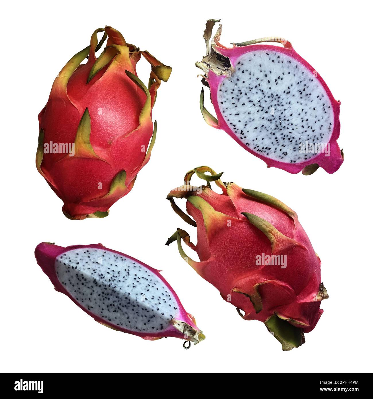 Fresh dragon fruit set, pitaya isolated white background, bright pink