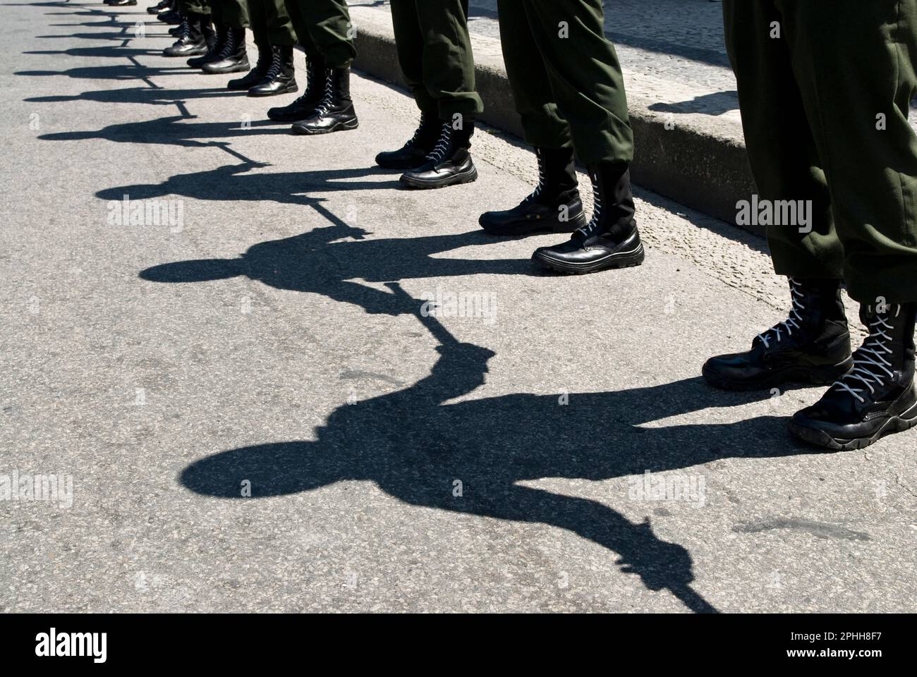 Formation of a military kettling for controlling the crowd during a protest. Rio de Janeiro, Brazil. Stock Photo