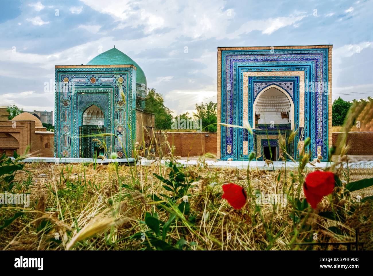 Fantastic architectural memorial complex Shakhi-Zinda- moorish art,  a Muslim complex (mosques) in ancient Samarkand ( capital of Amir Temur, Tamerlan Stock Photo