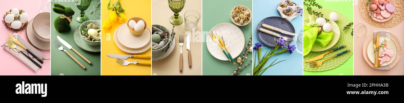 Colorful Collage Table Collage of beautiful table settings for Easter dinner on color ...
