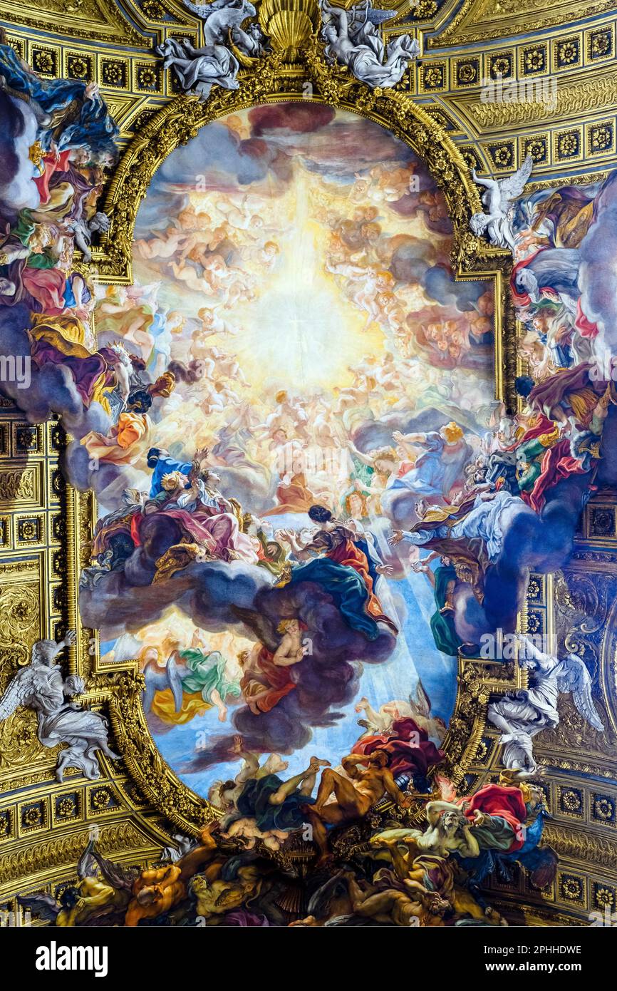 Vault frescoed with the Triumph of the Name of Jesus by Giovan Battista Gaulli known as il Baciccio in the Church of Jesus - Rome, Italy Stock Photo