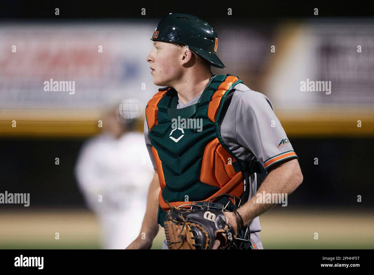 Miami Hurricanes catcher JD Jones (34) on defense against the Wake Forest  Demon Deacons at David F. Couch Ballpark on March 24, 2023 in  Winston-Salem, North Carolina. (Brian Westerholt/Four Seam Images via