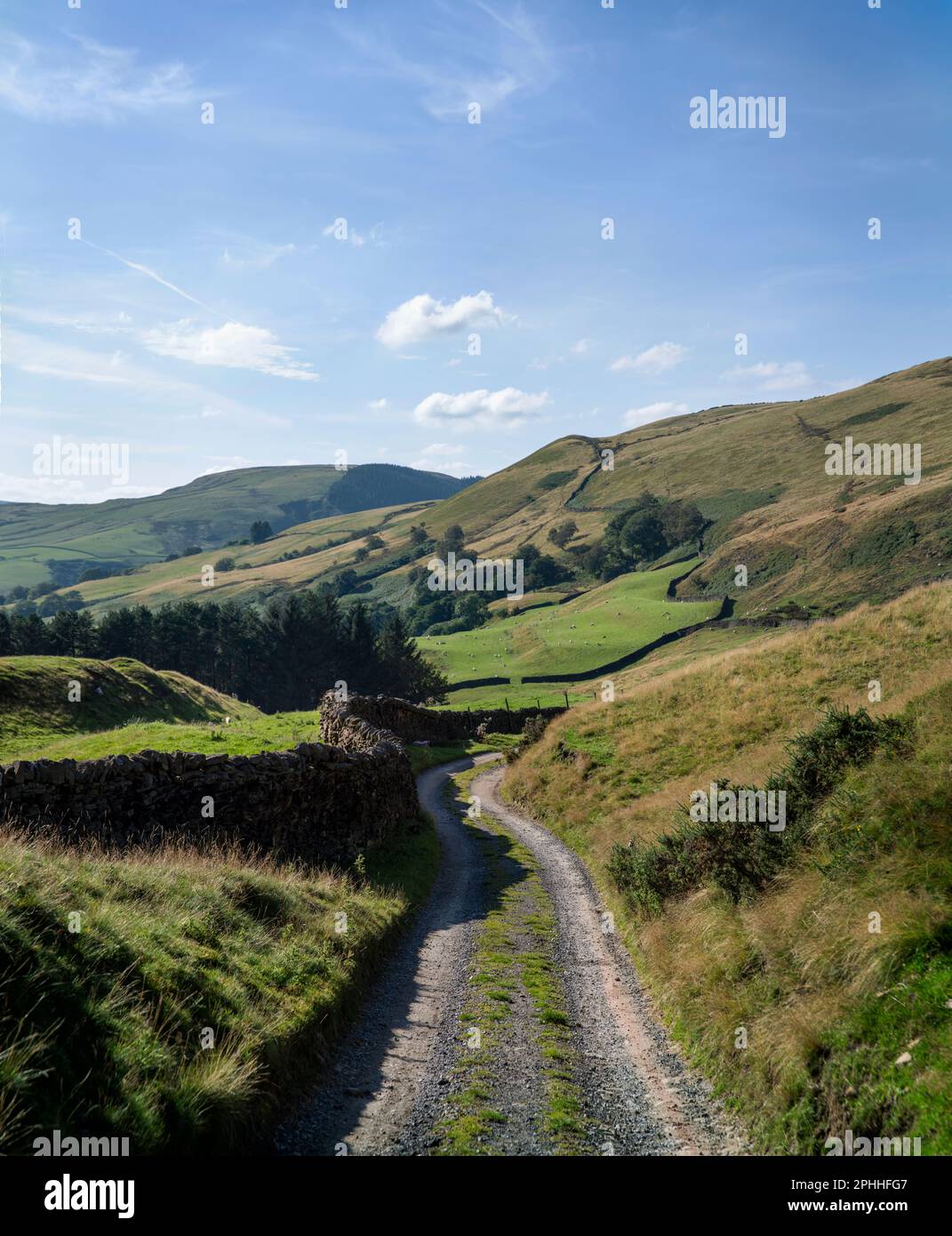 Country lane in the English Peak District on a summers day with clear skyies, dry stone walls in the Alport Valley in the Dark Peak area of Derbyshire Stock Photo