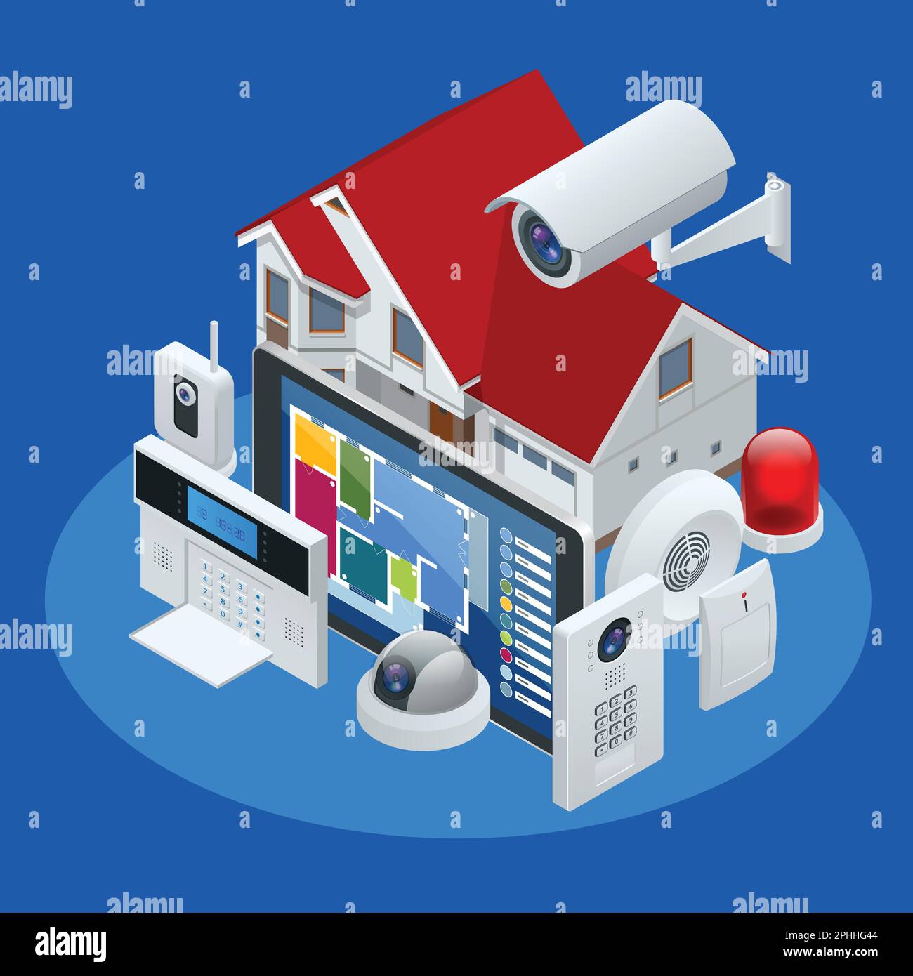Isometric alarm system home. Home security. Security alarm keypad with