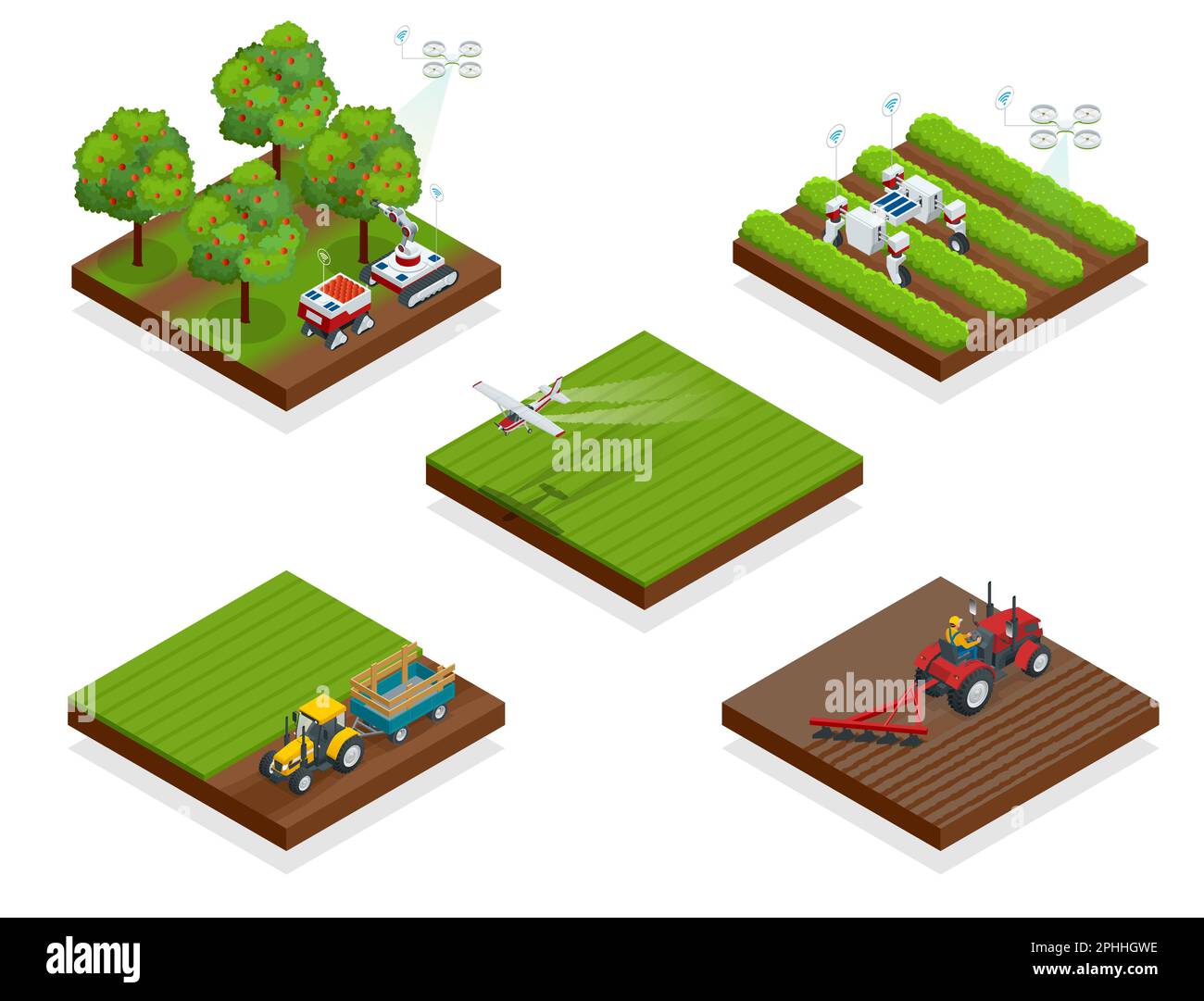 Isometric agriculture automatic guided robots harvest fruit from trees and harvest berries, combined harvester-thresher in the field. Stock Vector