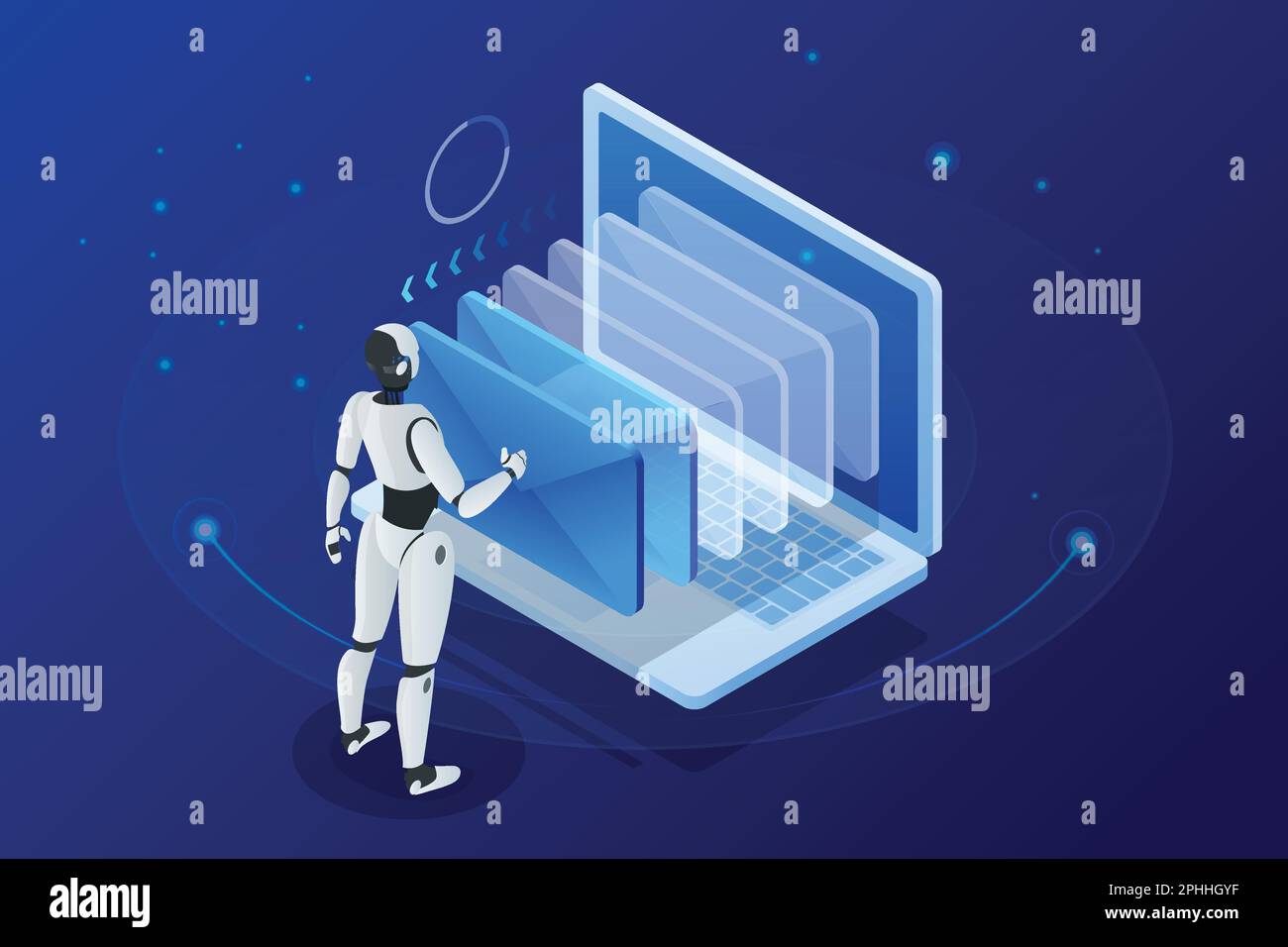 Isometric robots man with artificial intelligence working with a virtual interface in chatbot emails. Message online chat social text vector Stock Vector