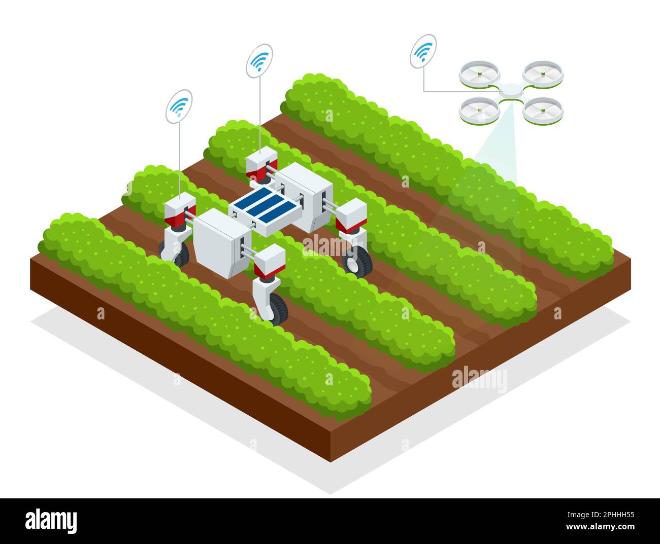 Isometric automatic controlled robots harvest berries. Smart robotic in agriculture, automation robot farmers must be programmed to work. Stock Vector