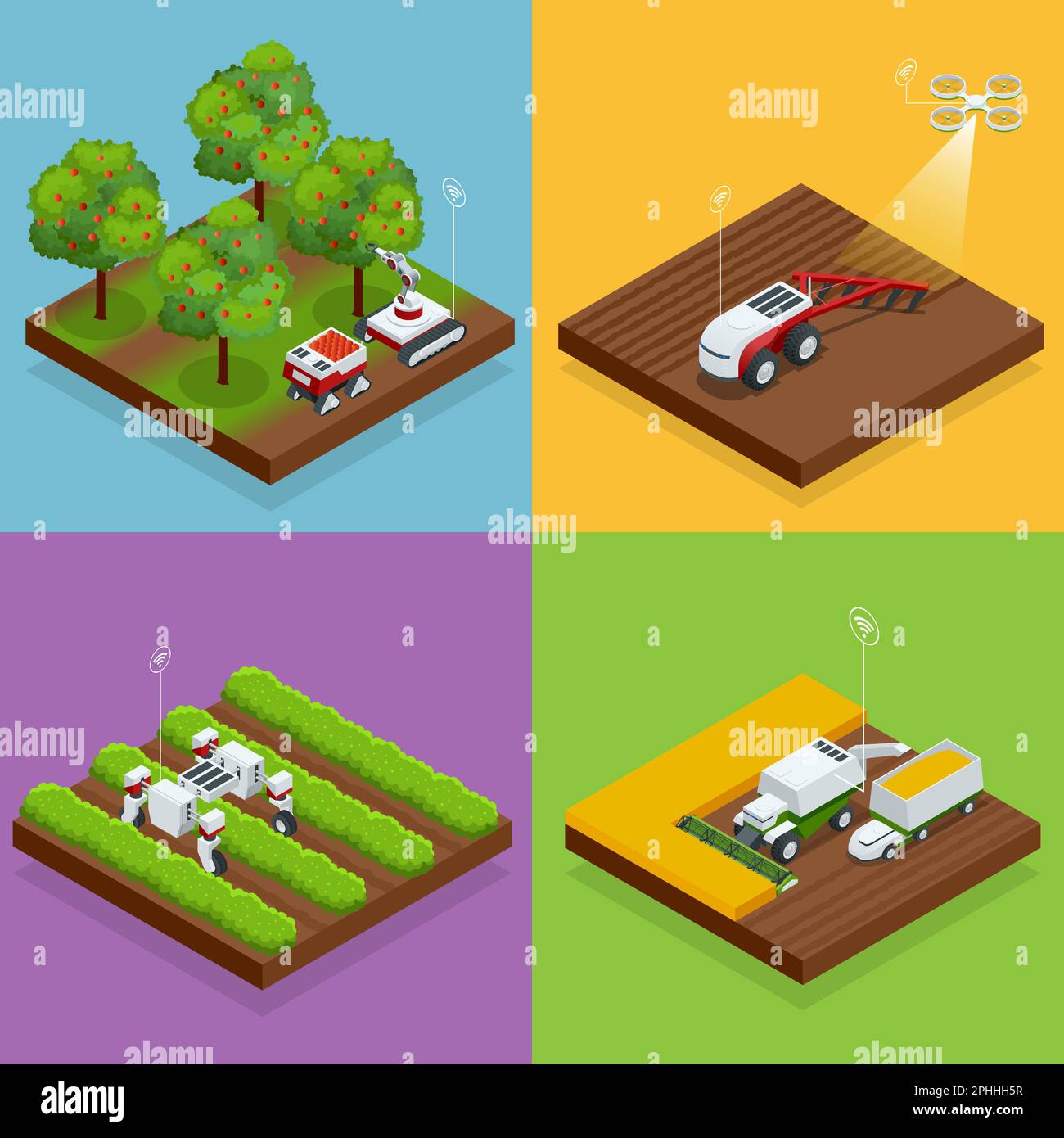 Isometric agriculture automatic guided robots harvest fruit from trees and harvest berries, combined harvester-thresher in the field. Stock Vector