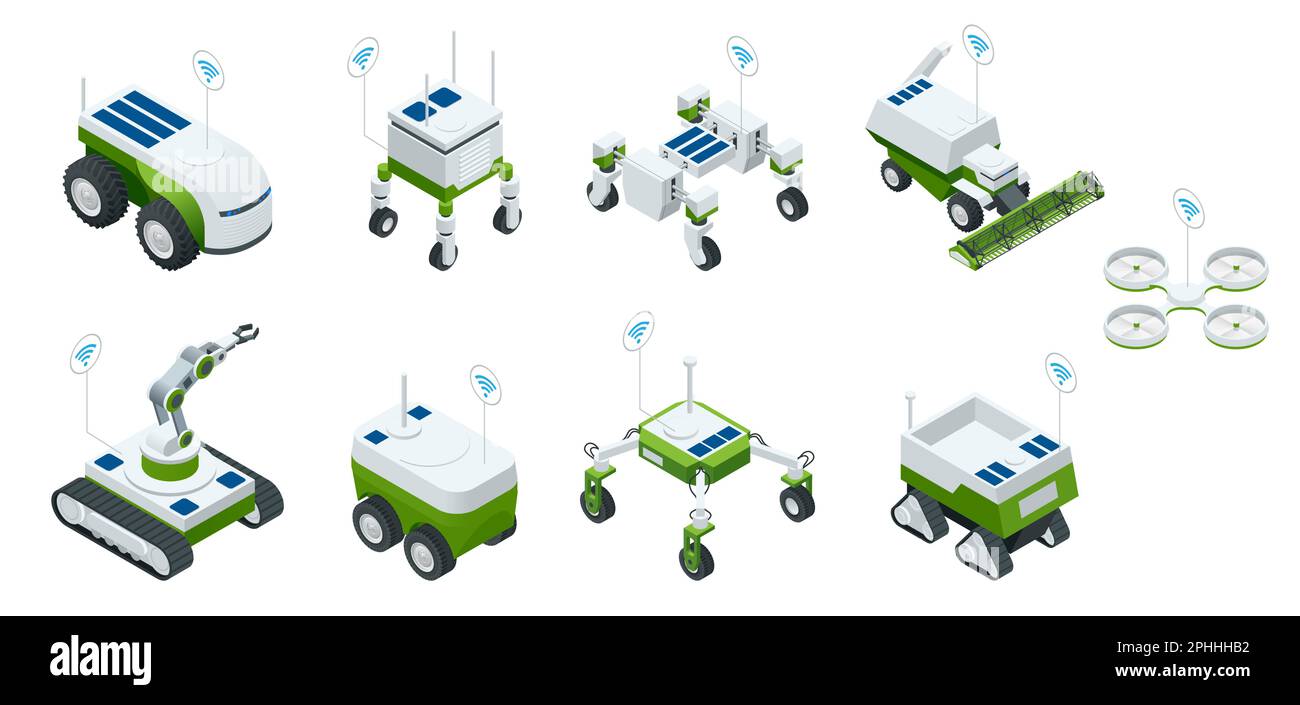 Isometric set of iot smart industry robot 4.0, robots in agriculture, farming robot, robot greenhouse. Agriculture smart farming technology vector Stock Vector