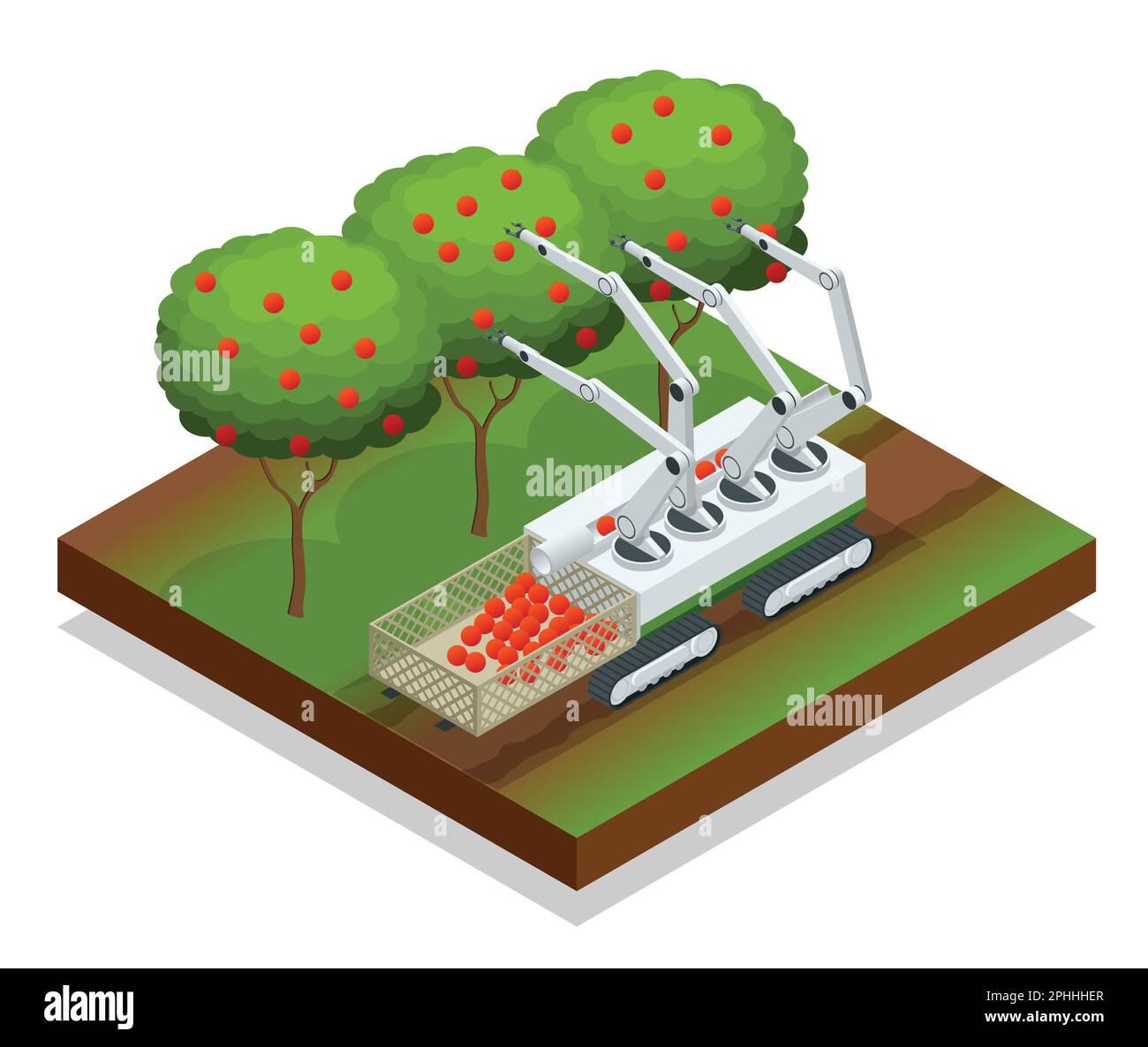 Isometric automatic guided robots harvest fruit from trees. Agricultural machinery robots mechanical arm working technology. Stock Vector