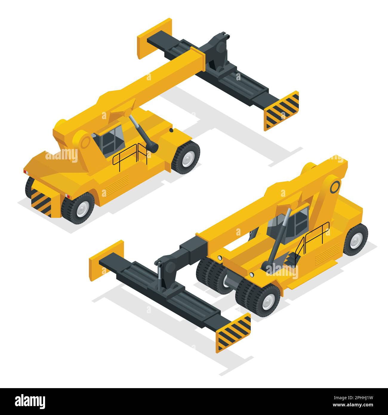 Isometric Mobile Container Handler in action at a container terminal. Crane lifts container handler Isolated vector illustration Stock Vector