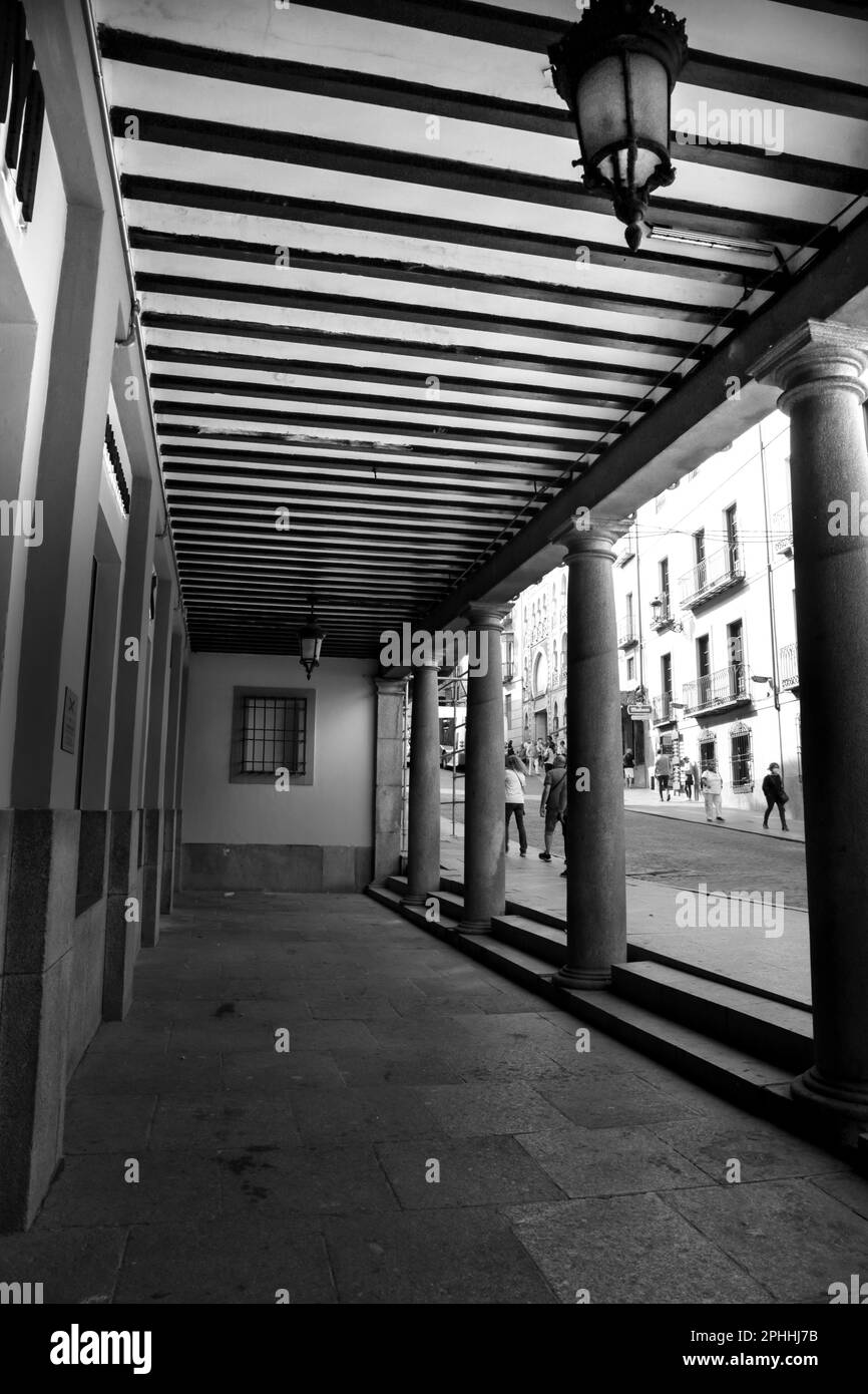 Toledo, Spain October 6, 2022 Old buildings and typical architecture with columns and wooden