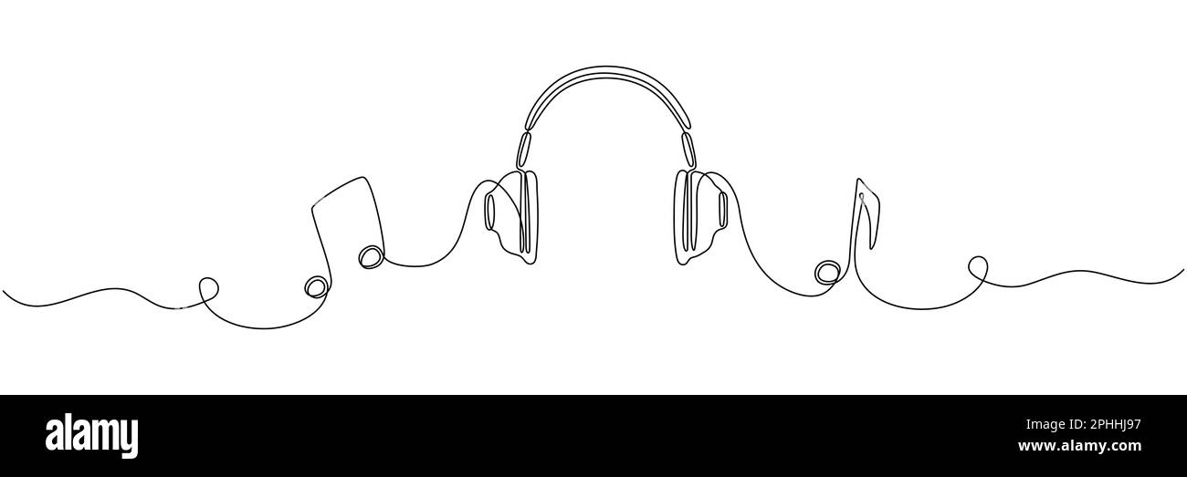 Headphones with music notes continuous one line drawing. Vector isolated on white. Stock Vector