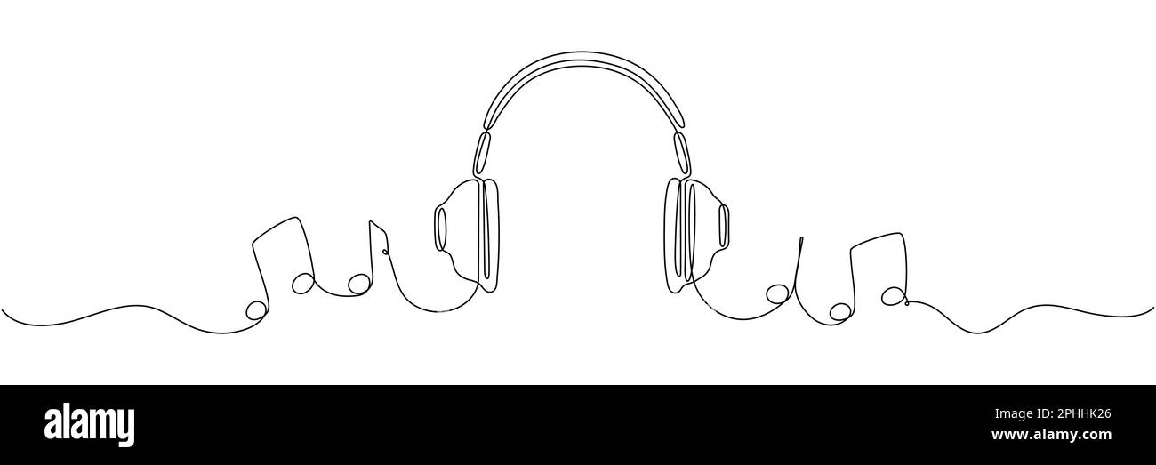 Headphones with music notes continuous one line drawing. Vector isolated on white. Stock Vector