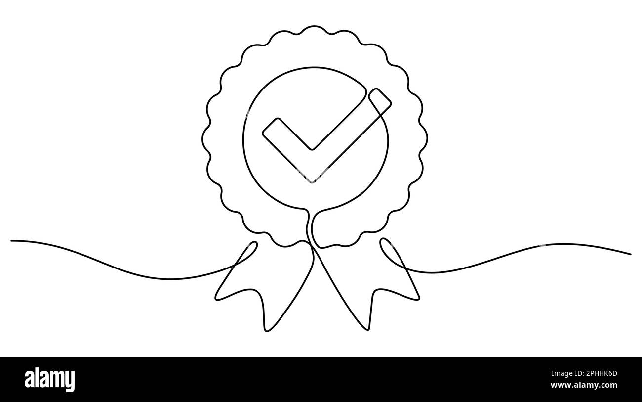 Award badge continuous line art drawn. Approval check sign. Certificate contour line. Vector illustration isolated on white. Stock Vector