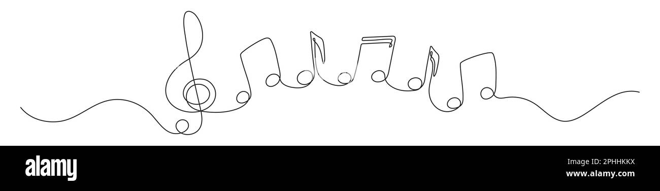 Music notes continuous one line drawing. Vector isolated on white. Stock Vector