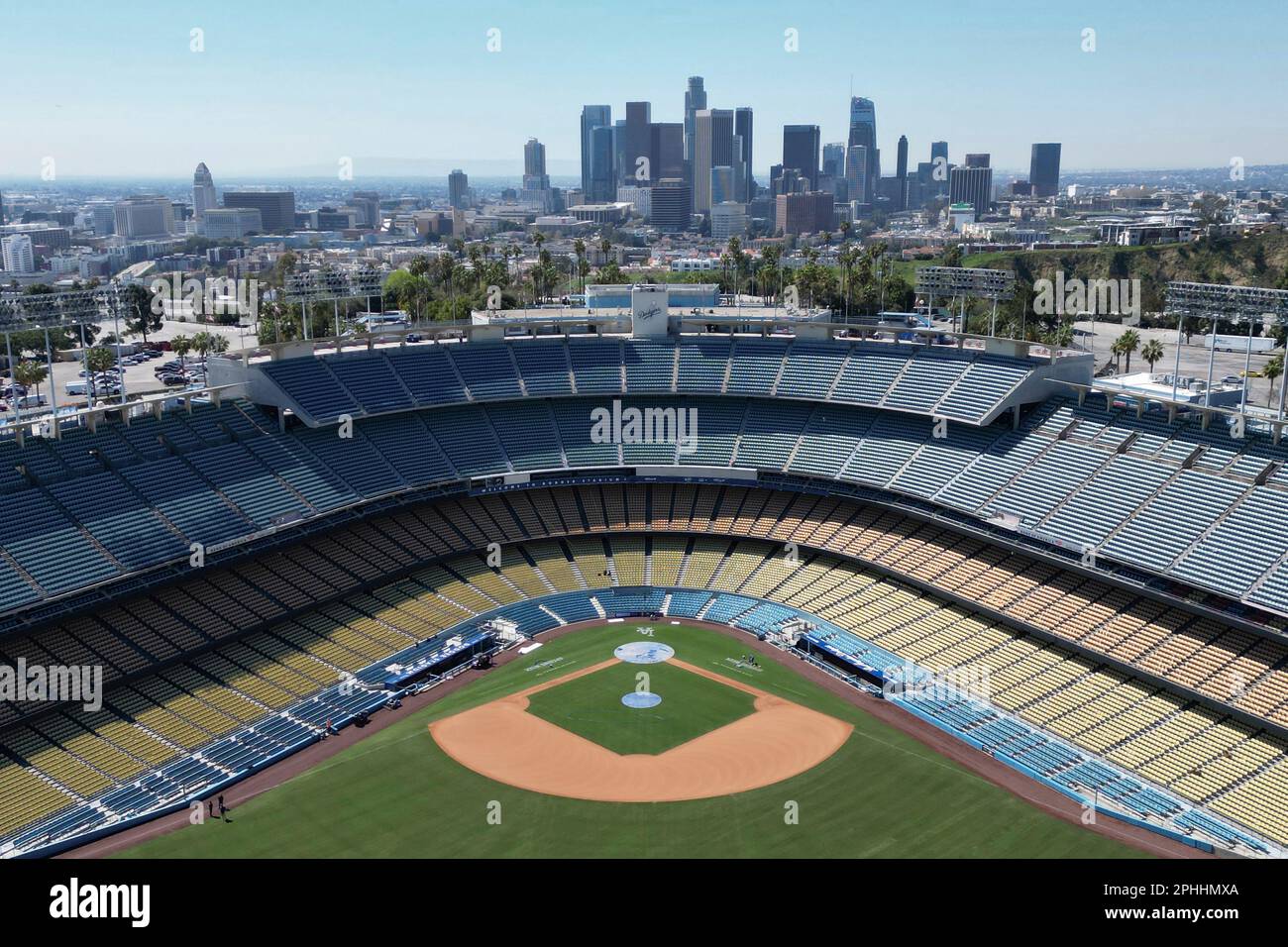 A general overall aerial view of Dodger Stadium and downtown skyline ...