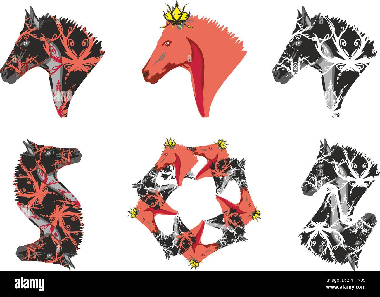 Ornamental horse head and symbols from it for prints on T-shirts or textiles. Ornate horse symbols and horse frame for emblems, tattoos, wallpapers Stock Photo