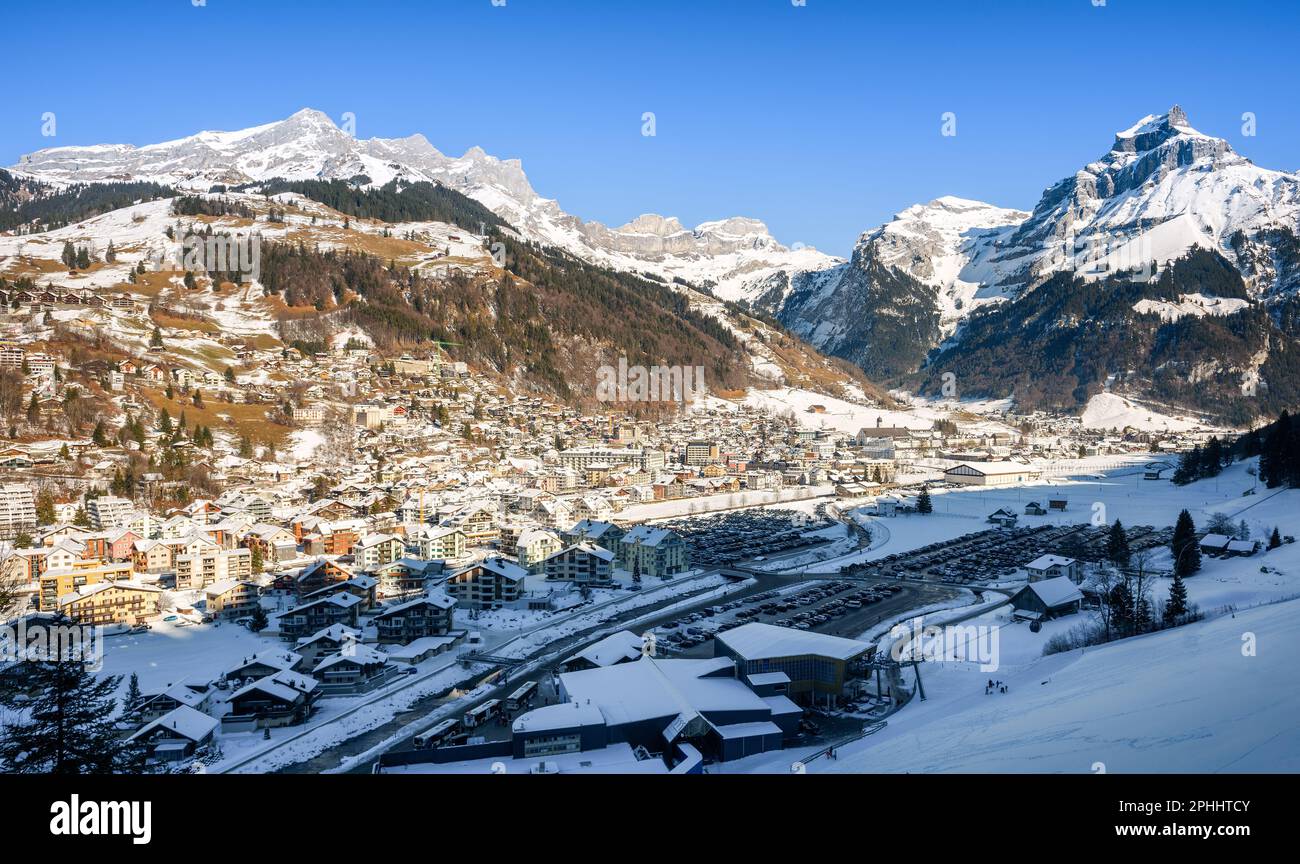 Panoramic view of Engelberg town, a popular winter ski resort in Alps mountains, Central Switzerland Stock Photo