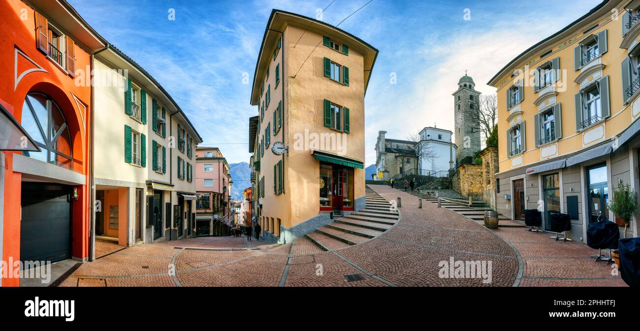 Panoramic view of the main pedestrian street in Lugano city center, Ticino, Switzerland Stock Photo