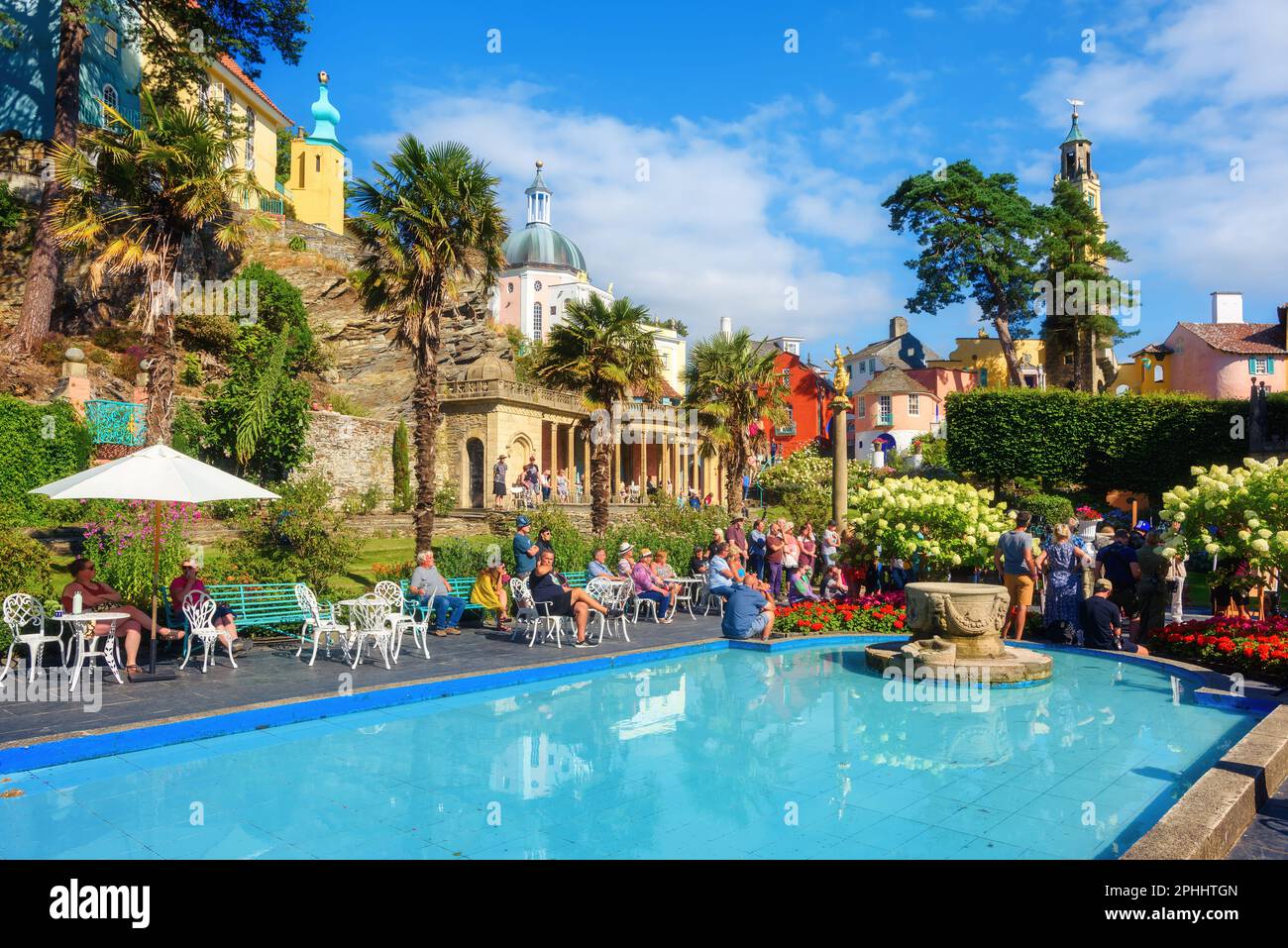 Portmeirion, Wales - 20 July 2022: Picturesque Portmeirion village is a popular tourist destination and film set location in North Wales, United Kingd Stock Photo