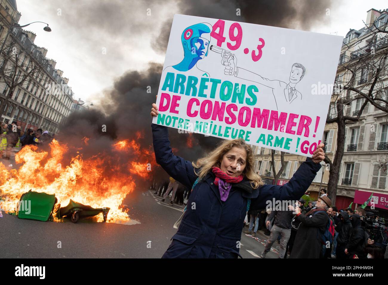 PARIS, France. 28th Mar, 2023. Mass demonstrations in Paris over pension reform. President Macron wants introduce a bill which will raise the retirement age from 62 to 64. Credit: Lucy North/Alamy Live News Stock Photo