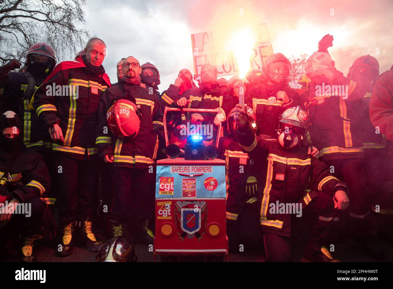 PARIS, France. 28th Mar, 2023. Firefighters join the mass demonstrations in Paris over pension reform. President Macron wants to introduce a bill which will raise the retirement age from 62 to 64. Credit: Lucy North/Alamy Live News Stock Photo