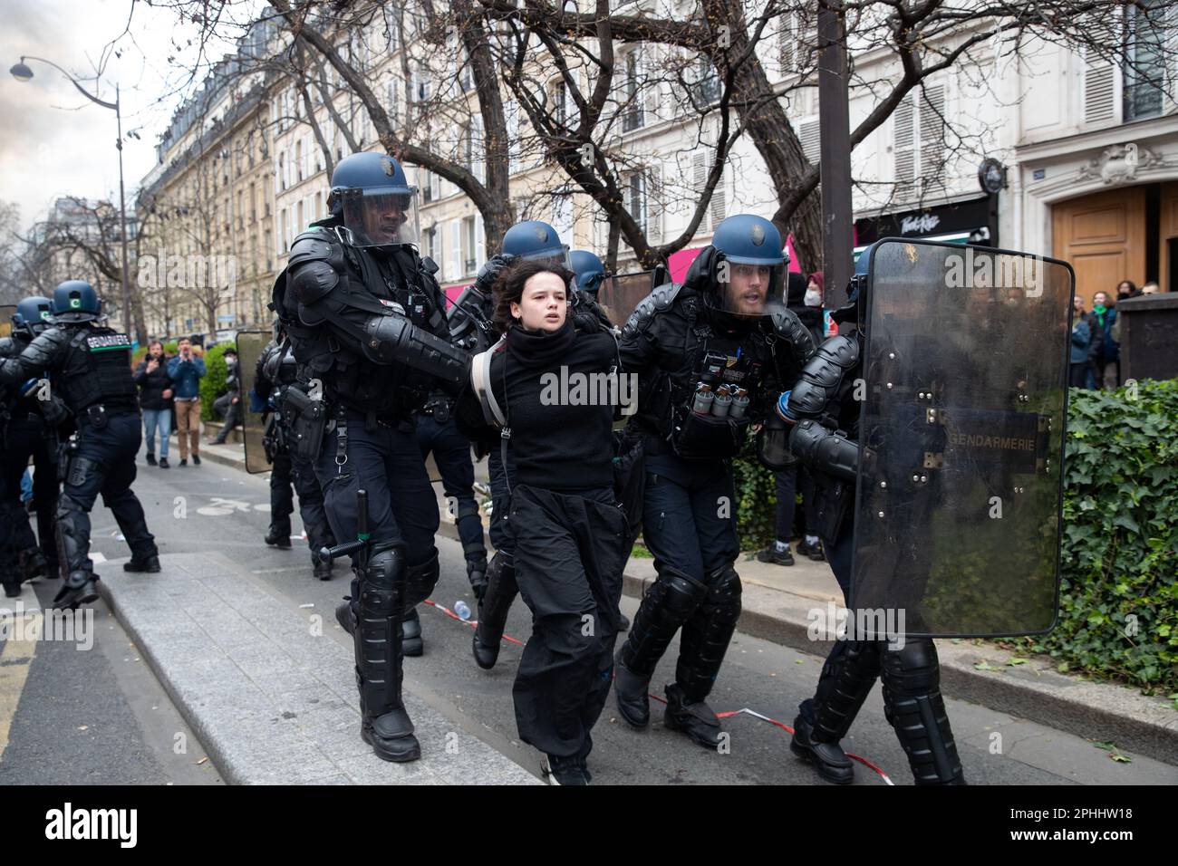 PARIS, France. 28th Mar, 2023. Arrests made during mass demonstrations in Paris over pension reform. President Macron wants to introduce a bill which will raise the retirement age from 62 to 64. Credit: Lucy North/Alamy Live News Stock Photo